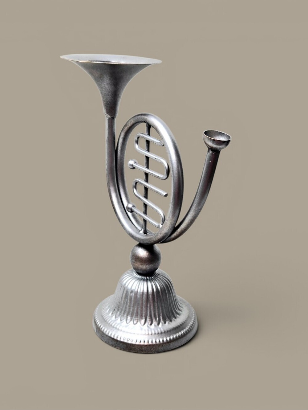 French Horn Candle Holder, Silver.